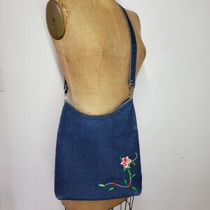 Comeco 12x12x4" Vintage Shoulder Bag Cotton Denim Rose Embroidered Zipper Top